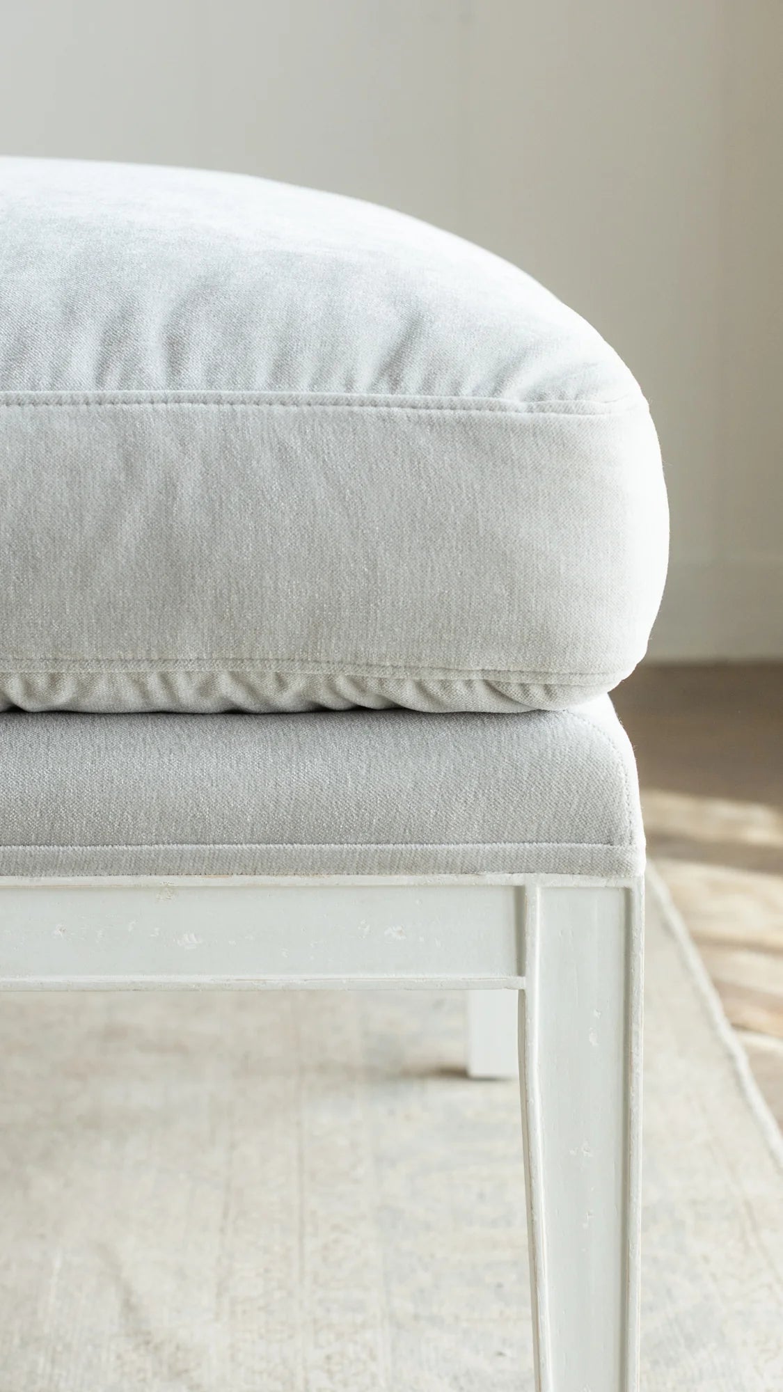 Bergamin Ottoman in French Eggshell Velvet and Sea Glass Finish