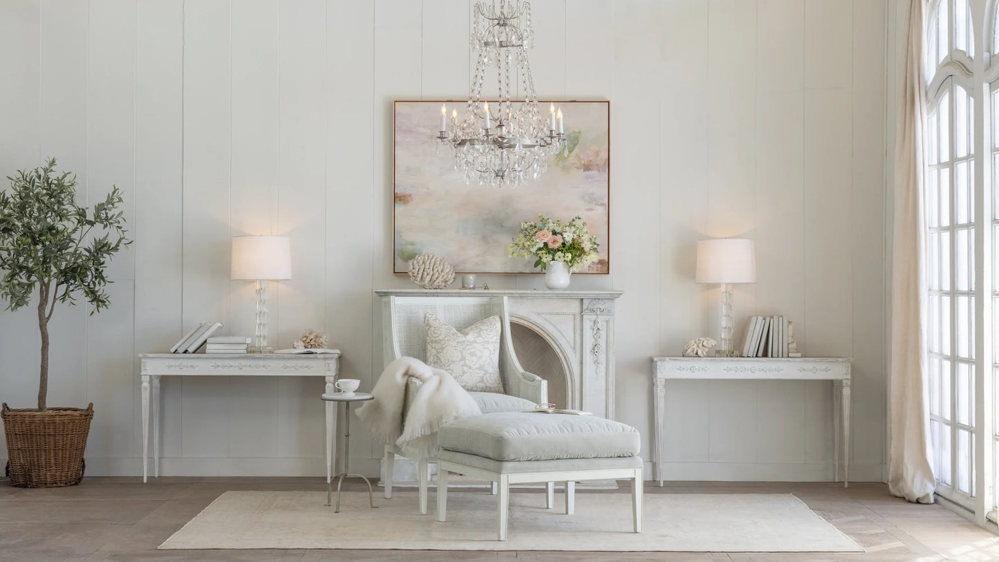 Bergamin Ottoman in French Eggshell Velvet and Sea Glass Finish