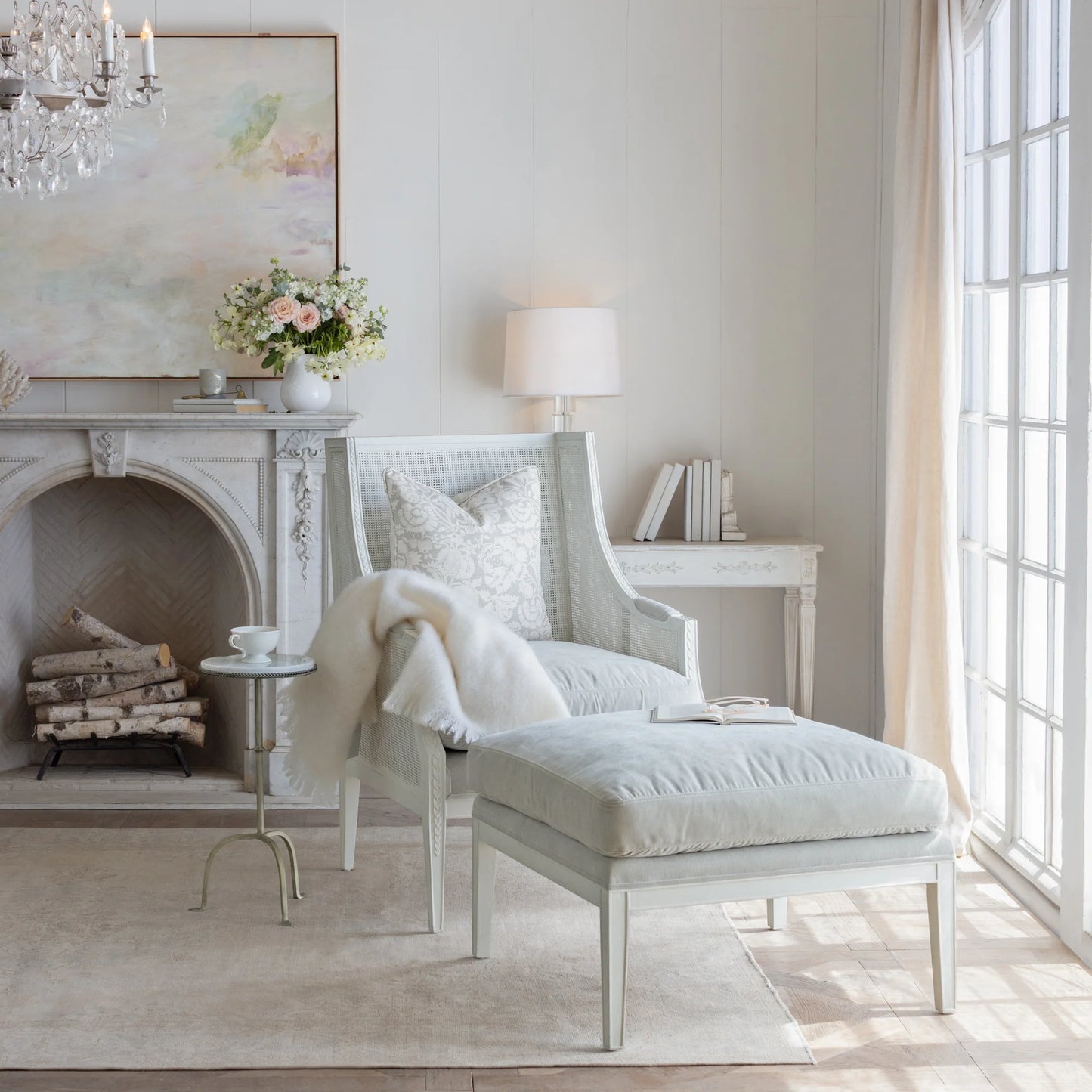 Bergamin Ottoman in French Eggshell Velvet and Sea Glass Finish