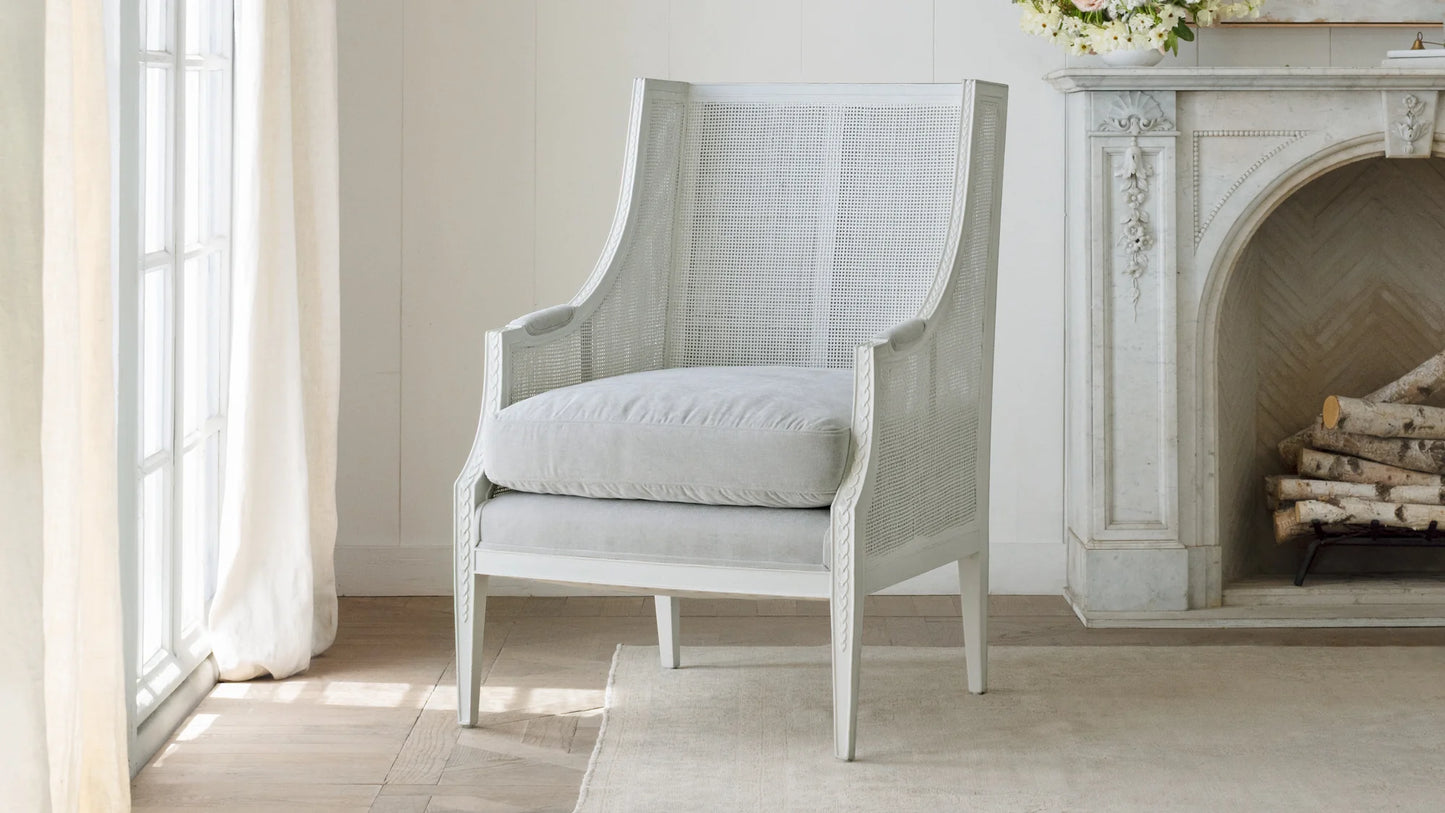 Bergamin Bergère in French Eggshell Velvet and Sea Glass Finish